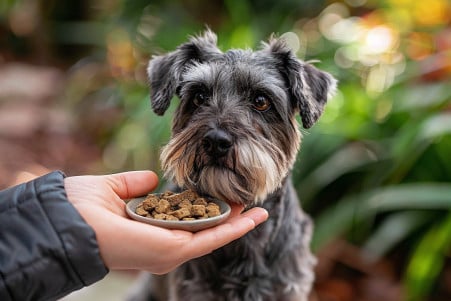 A gentle Giant Schnauzer with a thick, wiry grey coat being hand-fed small treats by its owner in a relaxed backyard setting
