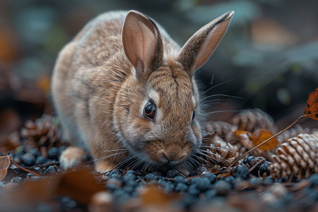 Close-up of a curious Flemish Giant rabbit sniffing at its own cecotropes on the ground