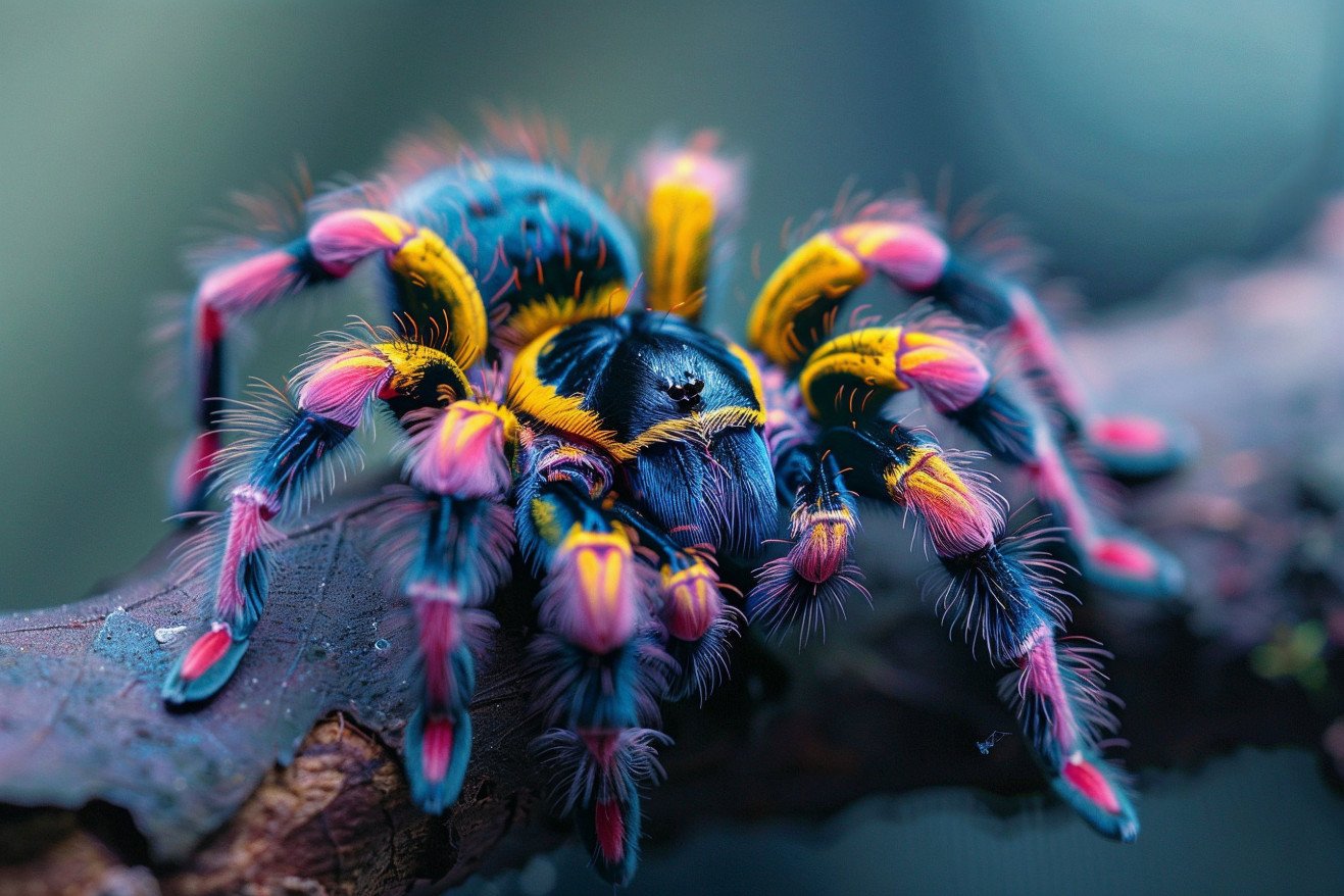 Vibrant Martinique pink toe tarantula launching itself into the air from a branch
