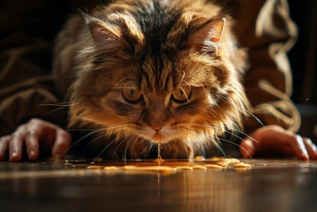 Photorealistic image of a Siberian cat vomiting brown liquid on a hardwood floor, with the concerned owner reaching down to inspect the vomit