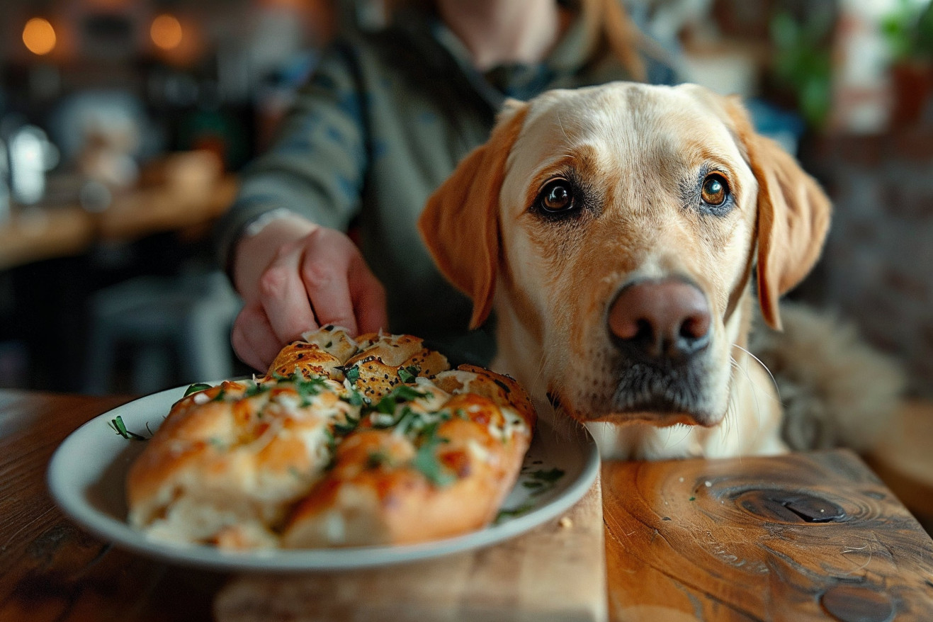 Labrador retriever sniffing the air as a human hand places a plate of garlic bread on a table, just out of the dog's reach