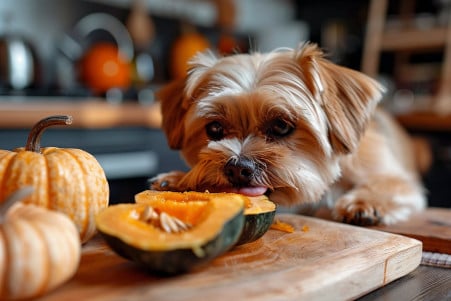 Shih Tzu dog sniffing at a halved, roasted acorn squash on a wooden cutting board