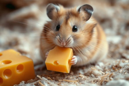 Roborovski hamster sniffing a tiny cube of cheese on a clean surface with soft bedding