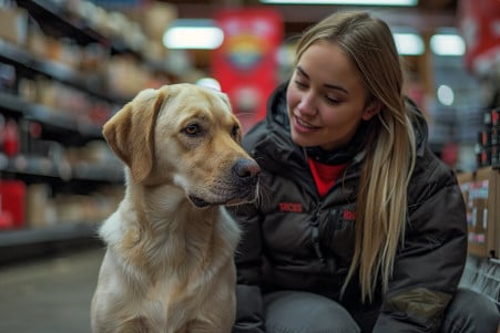A woman crouching down to pet a Labrador Retriever in the entryway of a Tractor Supply store, with a Tractor Supply employee visible in the background