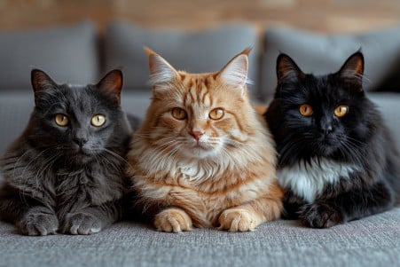 Three cats of different breeds - a Maine Coon, Bombay, and Persian - sitting together in a warm, modern living room