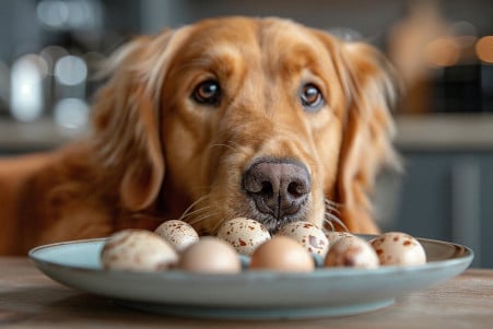 Golden Retriever sniffing a plate of small, speckled quail eggs in a clean kitchen setting