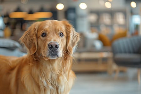 A well-behaved golden retriever sniffing curiously at an IKEA furniture display