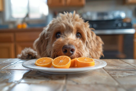 Goldendoodle backing away from a plate of sliced Cuties on a tile floor, showing hesitation towards the citrus fruit