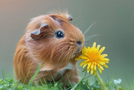 Abyssinian guinea pig with a rosette-patterned coat eating a dandelion flower in a grassy field