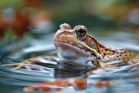 Photorealistic image of a brown and tan leopard frog crouched low, ready to attack a goldfish swimming in a backyard pond