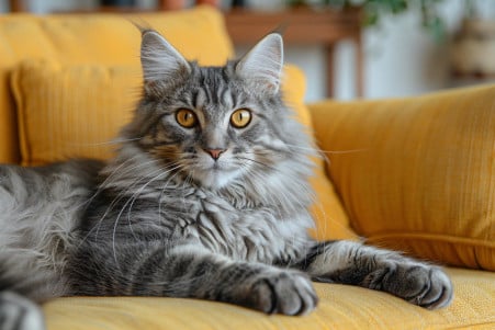 Maine Coon cat with a dense, silver-grey coat making biscuits on the arm of a soft yellow couch