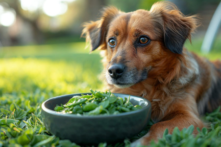 Brown mixed breed dog contentedly munching on a bowl of snap peas on a well-kept lawn