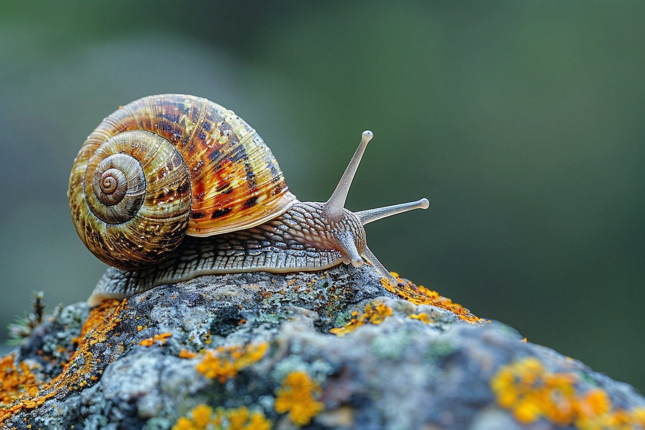 A large, brown garden snail crawling on a mossy rock, its spiral shell prominently displayed