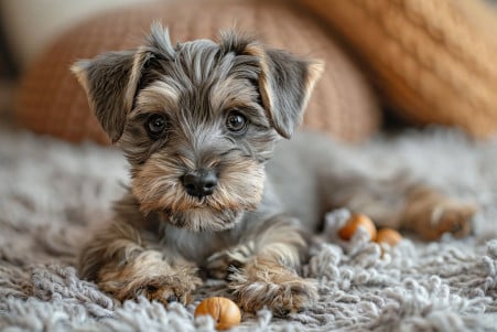 Miniature schnauzer puppy playing with a single hazelnut on a plush area rug