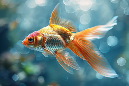 Close-up of a brightly colored, gracefully swimming goldfish in a well-filtered aquarium