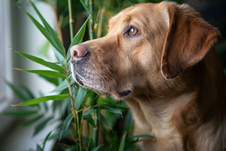 Labrador Retriever sniffing at a bamboo plant with a curious but wary expression