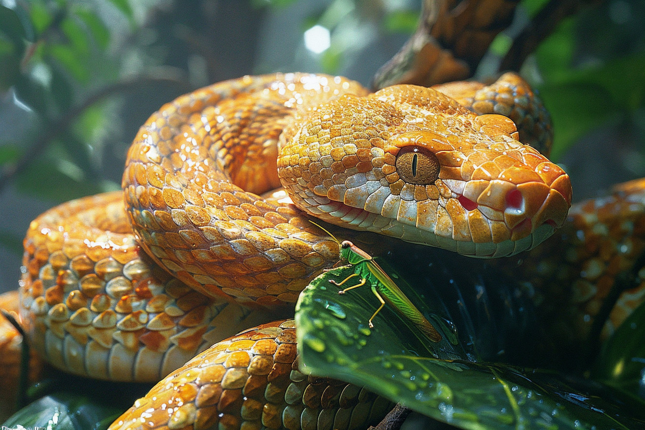 Close-up of a tan snake slithering cautiously on a tree branch, with a vibrant green grasshopper unaware on a nearby leaf