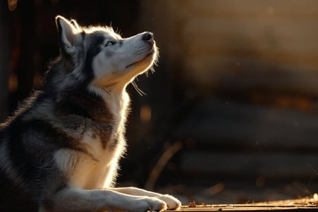 A lone grey and white Siberian Husky sitting on a porch at night, howling up at the full moon with a sorrowful expression