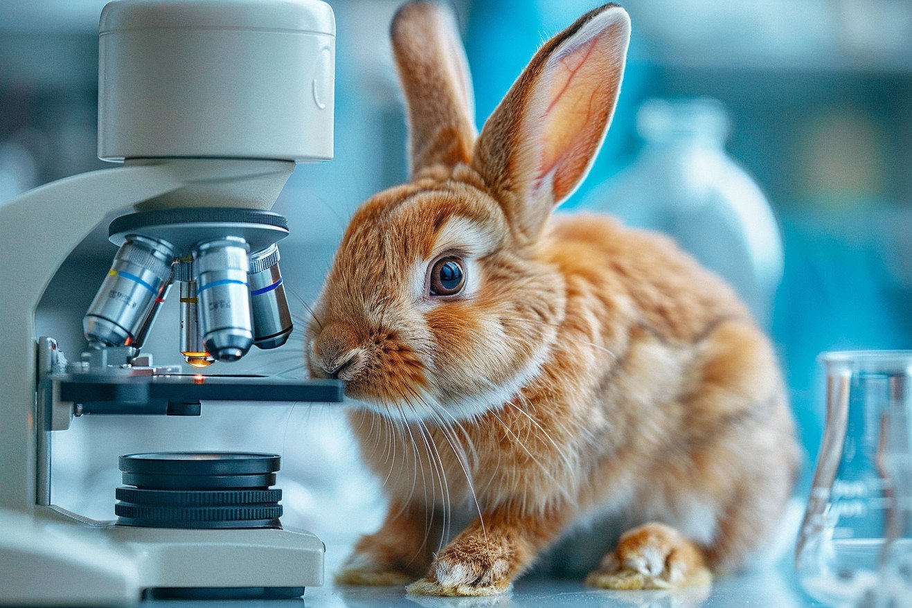 Flemish Giant rabbit peering into a microscope in a clean, scientific laboratory setting