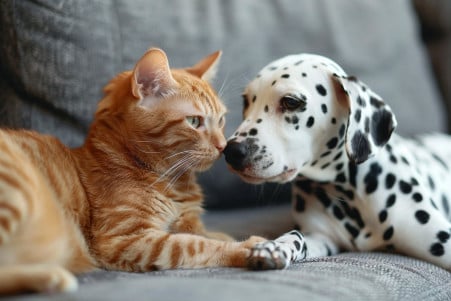 Tabby cat cautiously sniffing the paw of a Dalmatian dog in a blurred living room setting
