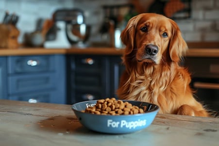 Adult Golden Retriever curiously looking at a bowl labeled 'For Puppies' in a home kitchen, with owner weighing dog food