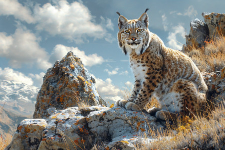 Curious lynx with thick tufted ears and a short, bobbed tail sitting atop a rock formation, scanning the landscape below