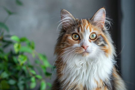 A fluffy, multicolored calico cat sitting upright and looking intently at the camera