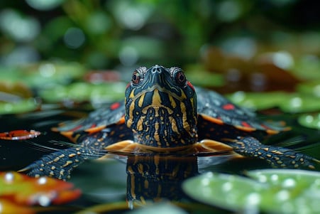 A painted turtle swimming in a pond and feeding on aquatic plants