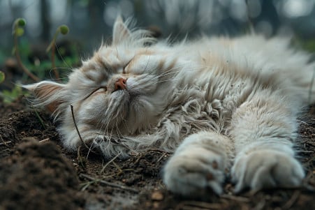 Close-up of a fluffy white Persian cat happily rolling in a patch of dirt