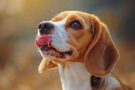 Close-up of a beagle with a tan and white coat, its lips parted and tongue out, focusing intently on something