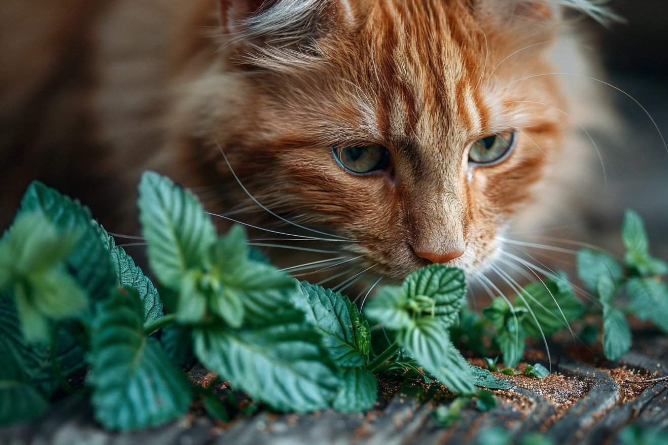 Fluffy orange tabby cat sniffing a pile of fresh catnip leaves