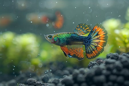 Close-up of a male guppy with a shimmering, iridescent blue and orange tail fanning out in a planted aquarium