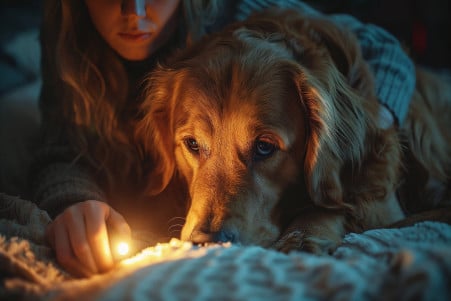 Concerned dog owner shining a flashlight on their Golden Retriever's rear end, revealing visible small white worms