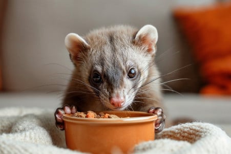 Curious ferret investigating a bowl of high-protein cat food in a clean, well-lit home