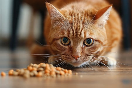 Orange tabby cat with a puzzled expression beside undigested food on a hardwood floor in a bright living room