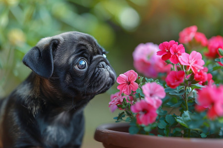 Worried-looking Pug puppy backing away from a potted geranium plant
