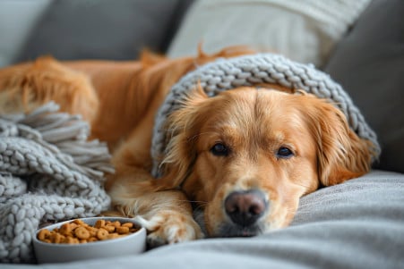 Weary-looking Golden Retriever curled up on a soft dog bed, avoiding a bowl of heavy, fatty table scraps