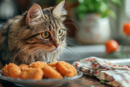 Tabby cat sniffing a plate of chicken nuggets on a kitchen counter with a concerned expression
