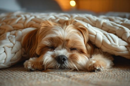 A Shih Tzu dog sleeping soundly on the floor under a bed in a low-light bedroom setting
