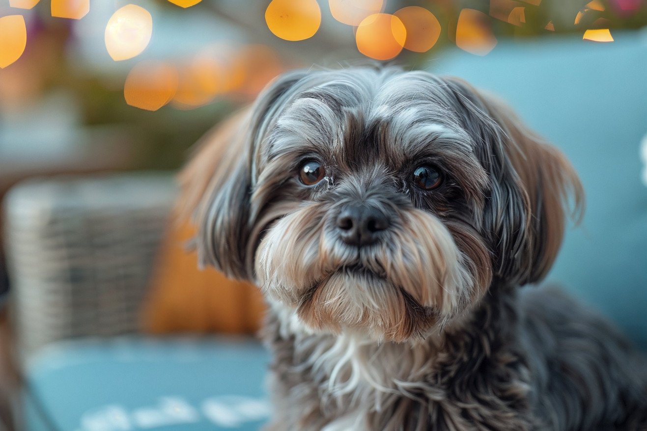 Portrait of a Shih Tzu with its ears pinned back, conveying a nervous and insecure expression