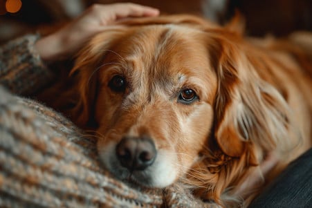 Worried owner gently feeling the forehead of their furry Golden Retriever, checking for fever