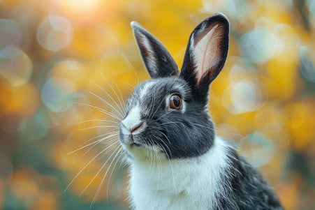 Close-up of a curious, alert Dutch rabbit with black and white markings, making a light, trilling sound