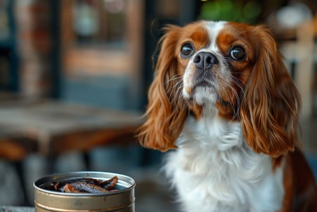 Portrait of a Cavalier King Charles Spaniel sitting next to a can of anchovies, with a gentle, curious expression on its face