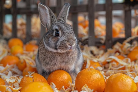 Alert rabbit nudging aside a pile of orange peels, with a curious but wary expression