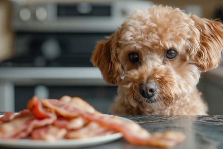 Vigilant Poodle eyeing a piece of raw bacon on a kitchen counter, exemplifying canine restraint