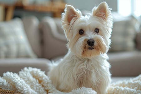 A Westie with a playful expression standing on a couch, surrounded by white tufts of fur, with a grooming brush in the foreground