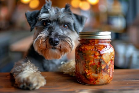 Miniature Schnauzer with a shaggy grey coat inspecting a jar of homemade kimchi on a kitchen table