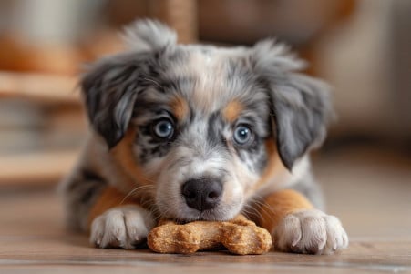 Australian Shepherd puppy with a fluffy, blue merle coat inspecting a large Nylabone chew toy