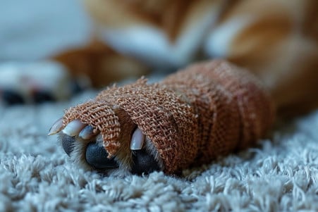 Bandaged dog paw, symbolizing the sensitive nature of the declawing procedure