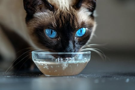 Siamese cat with bright blue eyes cautiously sniffing a small bowl of white vinegar on a kitchen counter